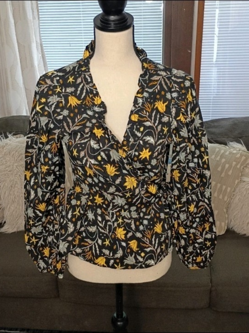 NWOT Universal Thread Women's Whimsigoth Floral Wrap Blouse in Black and Yellow
